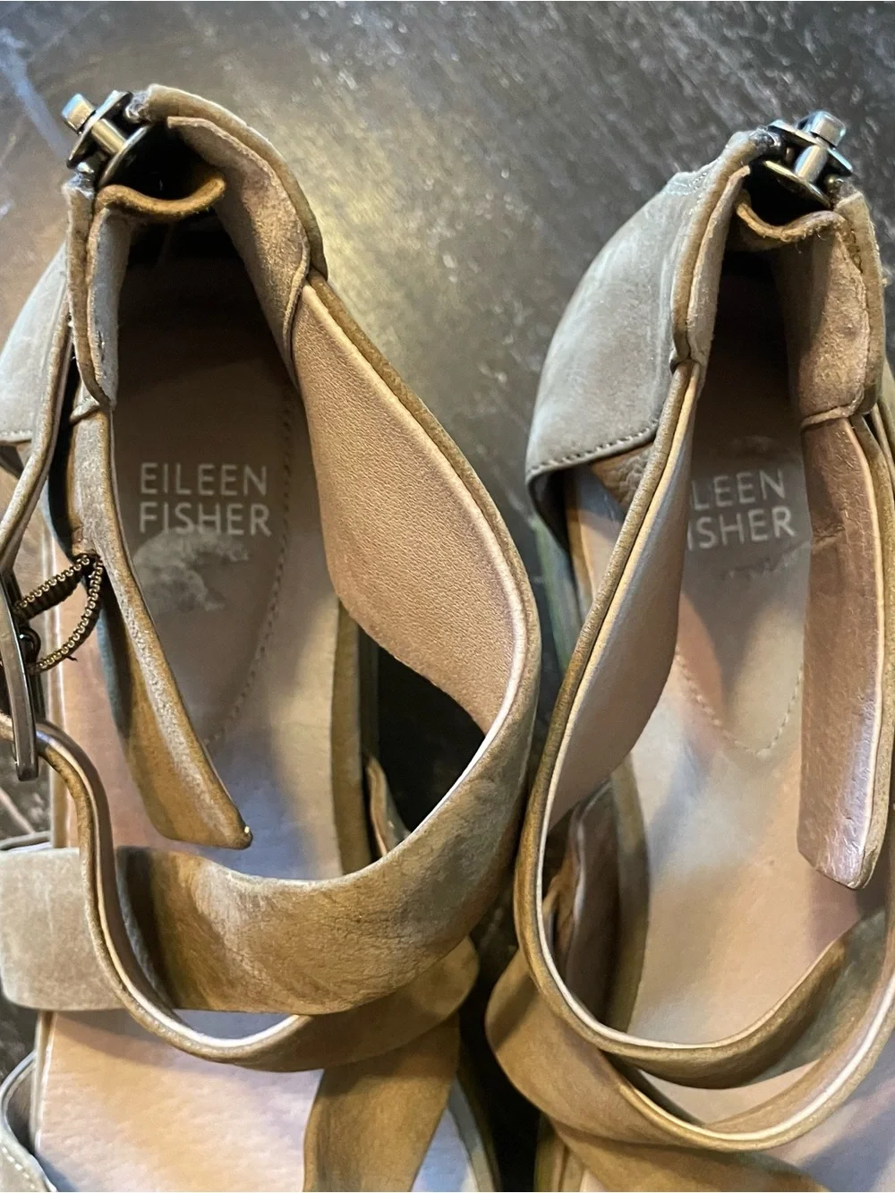 Eileen Fisher Olive-Tan Suede Crisscross Ankle Strap Sandals